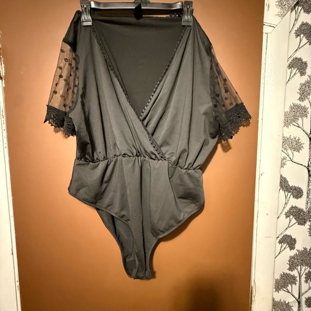 SHEIN Black Wrap Bodysuit with Sheer Lace Sleeves